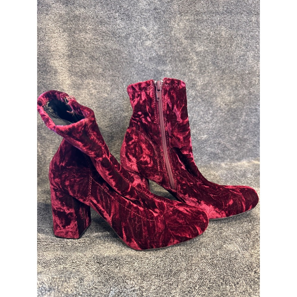 MIA Burgundy Crushed Velvet Ankle Boots Block Heel Side Zip Womens 7.5 - Picture 3 of 5